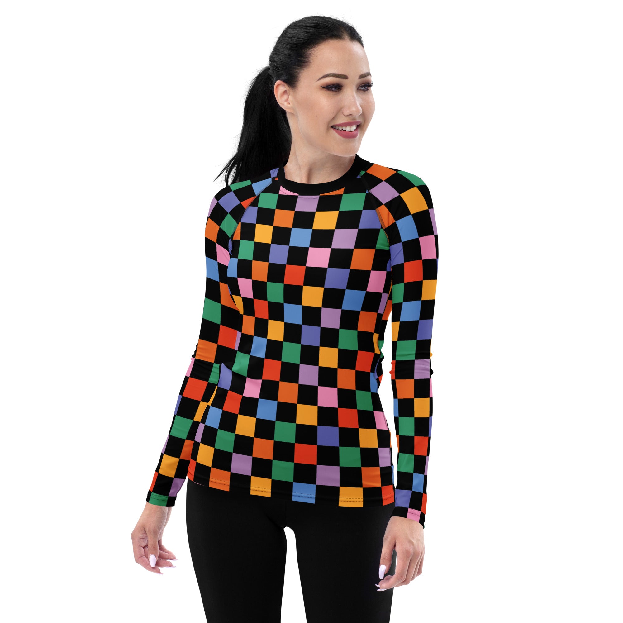 Women's Rainbow Checkered Long Sleeve Rash Guard Swim Shirt – Buttery Soft, Sun Safe UPF 50+ Protection, Quick Dry & 4-Way Stretch Comfort