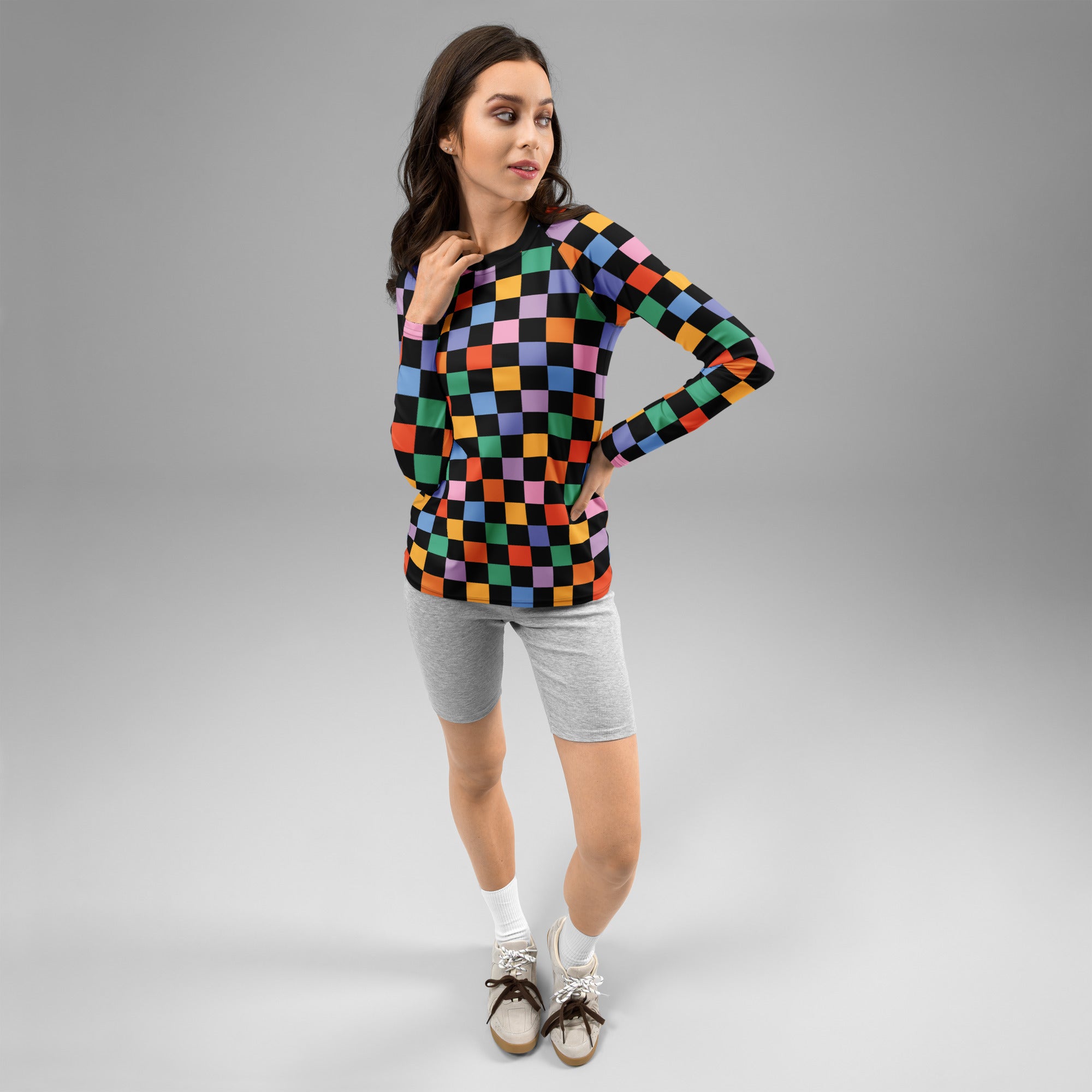 Women's Rainbow Checkered Long Sleeve Rash Guard Swim Shirt – Buttery Soft, Sun Safe UPF 50+ Protection, Quick Dry & 4-Way Stretch Comfort