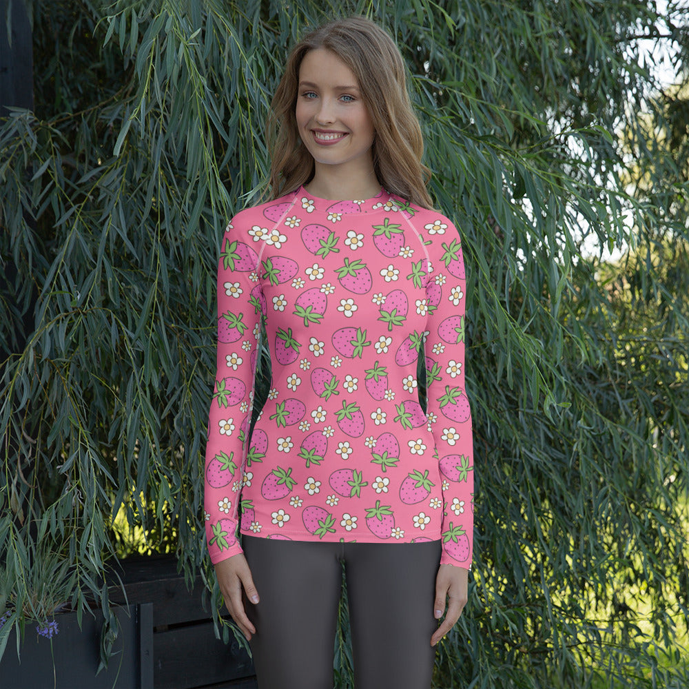 Women's Pink Strawberry Daisy Long Sleeve Rash Guard Swim Shirt – Buttery Soft, Sun Safe UPF 50+ Protection, Quick Dry & 4-Way Stretch Comfort