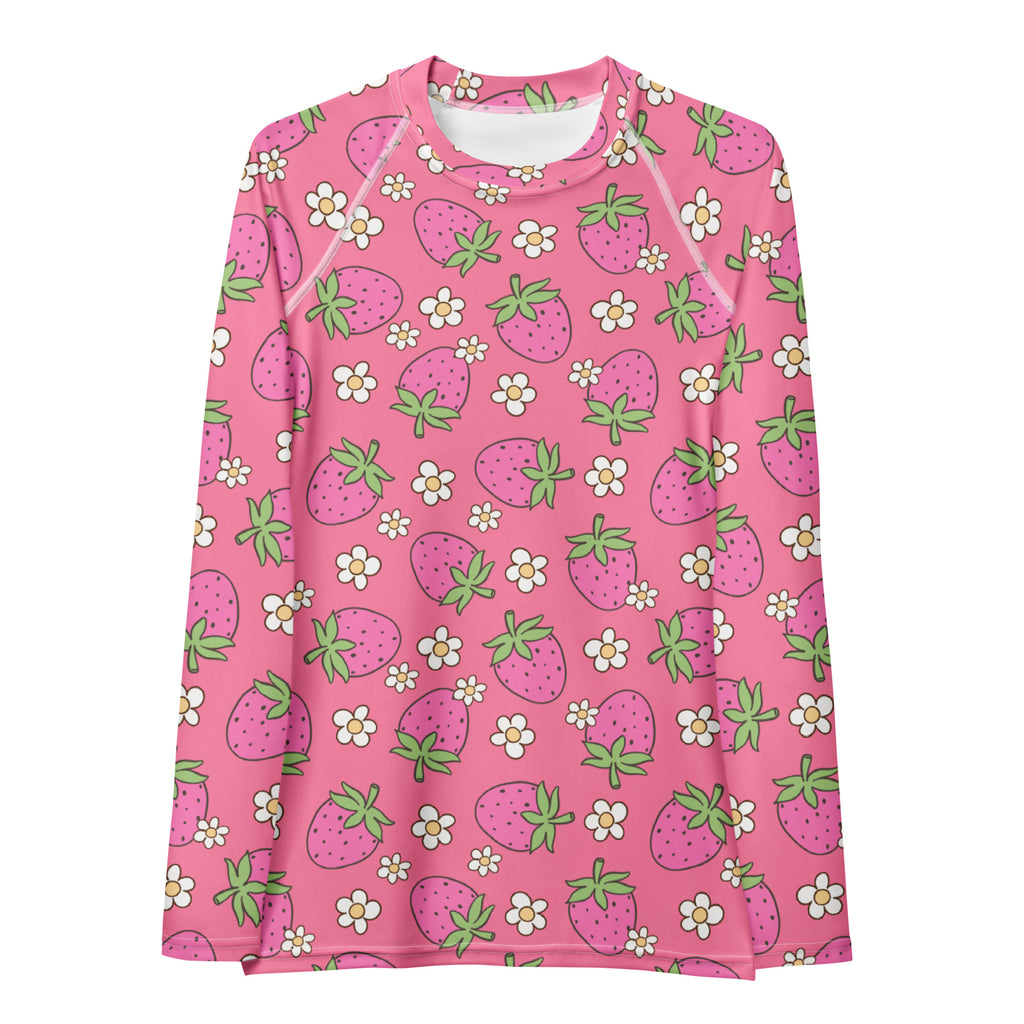 Women's Pink Strawberry Daisy Long Sleeve Rash Guard Swim Shirt – Buttery Soft, Sun Safe UPF 50+ Protection, Quick Dry & 4-Way Stretch Comfort