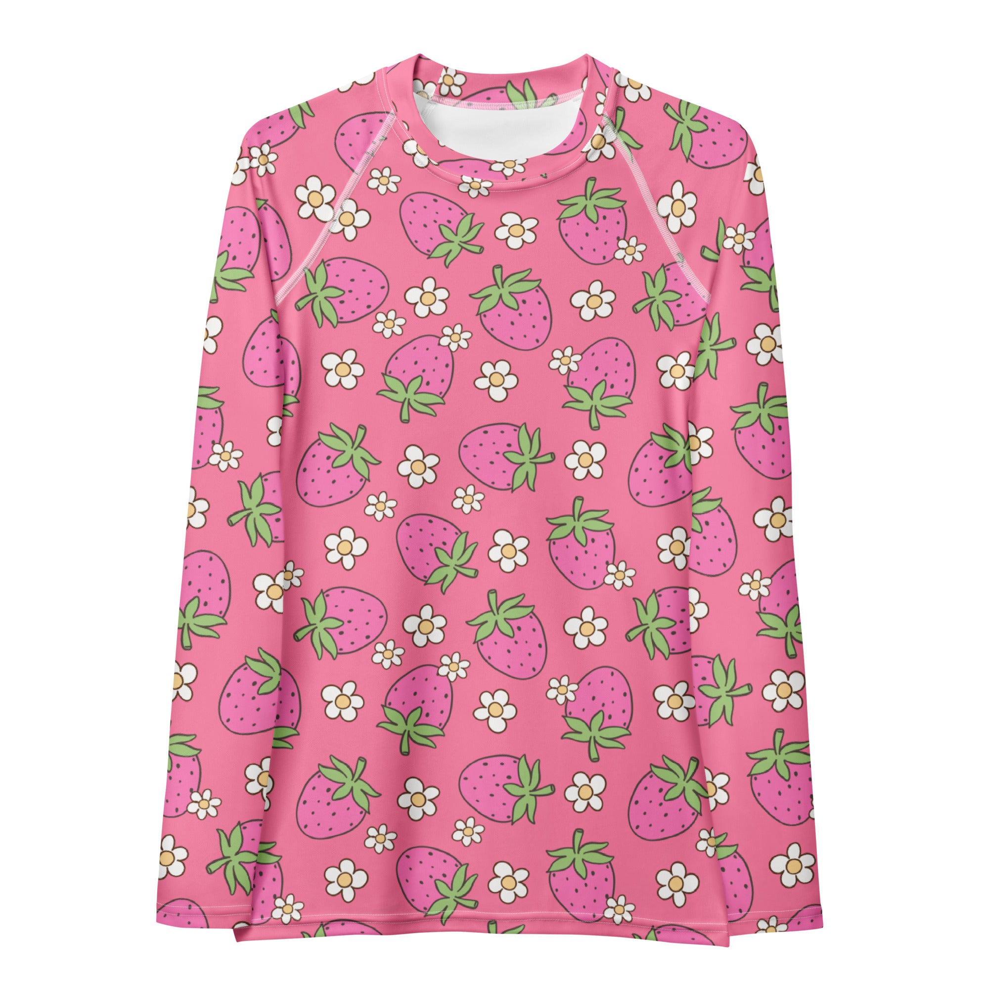 Women's Pink Strawberry Daisy Long Sleeve Rash Guard Swim Shirt – Buttery Soft, Sun Safe UPF 50+ Protection, Quick Dry & 4-Way Stretch Comfort