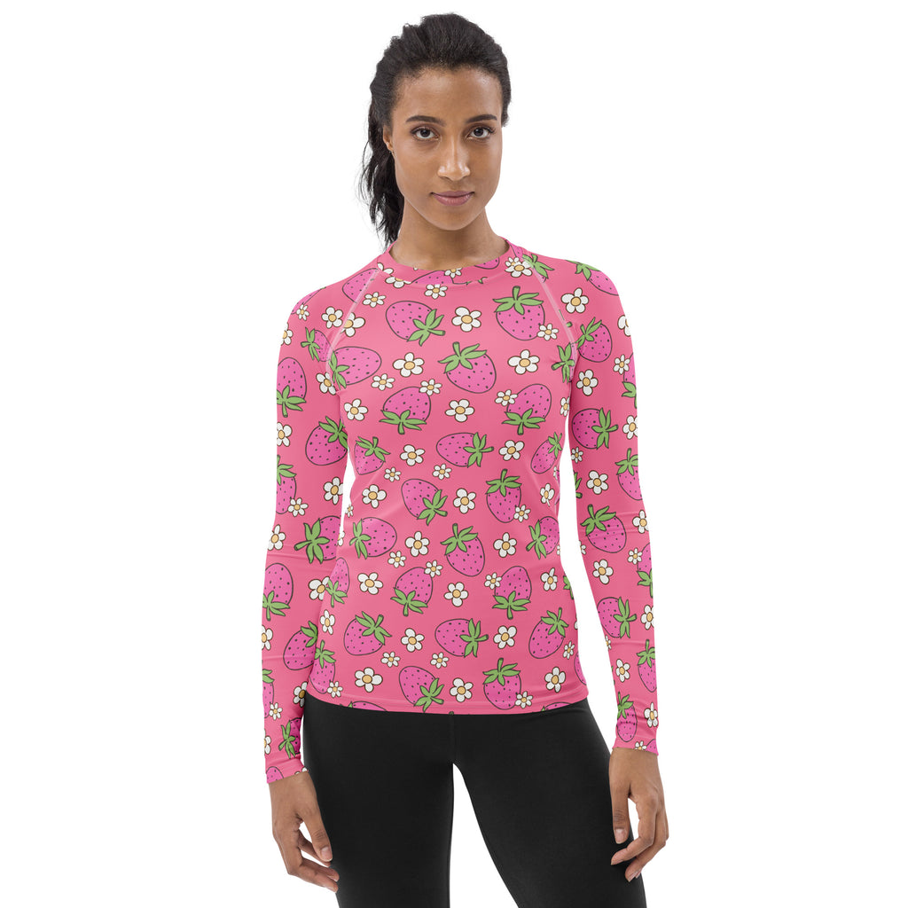 Women's Pink Strawberry Daisy Long Sleeve Rash Guard Swim Shirt – Buttery Soft, Sun Safe UPF 50+ Protection, Quick Dry & 4-Way Stretch Comfort
