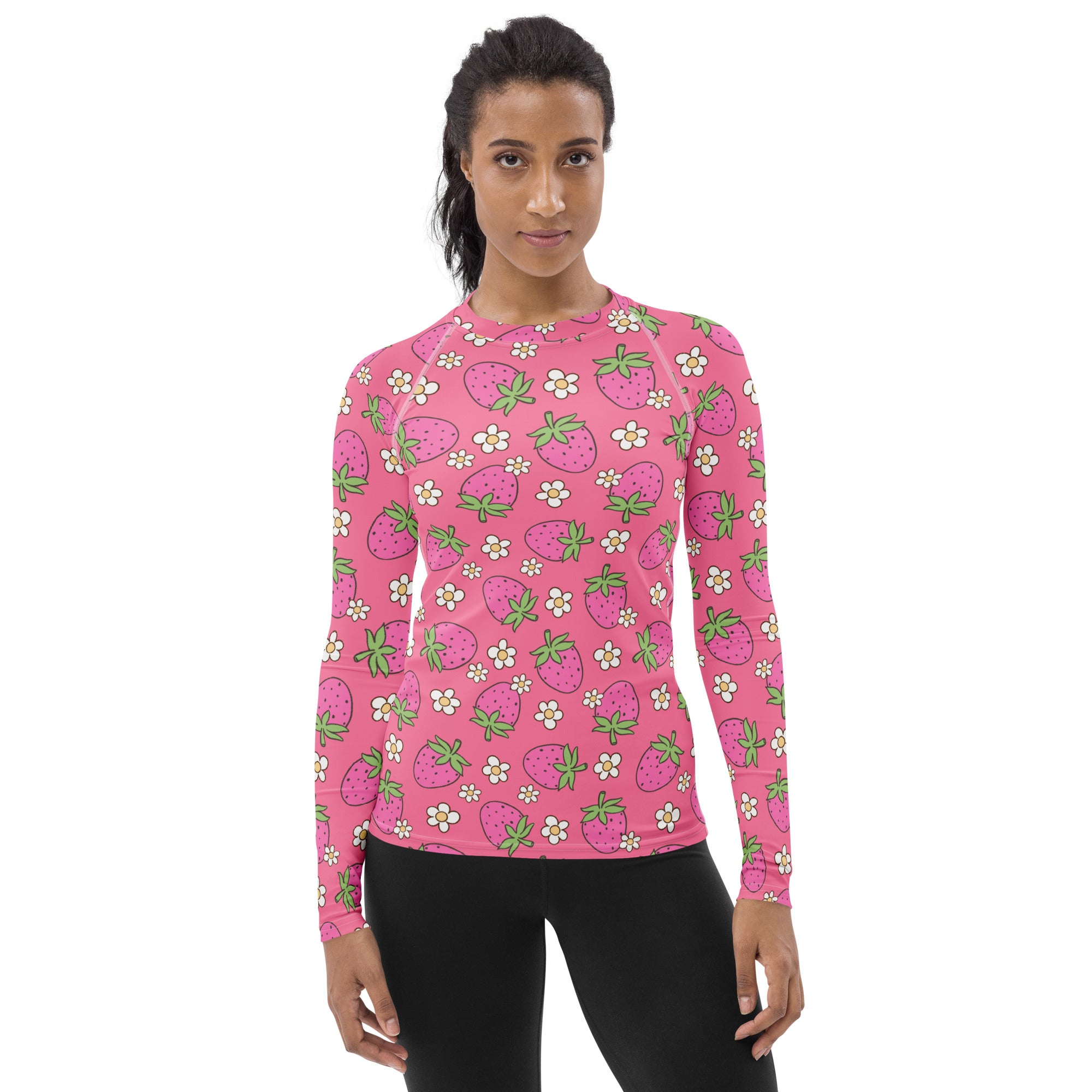 Women's Pink Strawberry Daisy Long Sleeve Rash Guard Swim Shirt – Buttery Soft, Sun Safe UPF 50+ Protection, Quick Dry & 4-Way Stretch Comfort