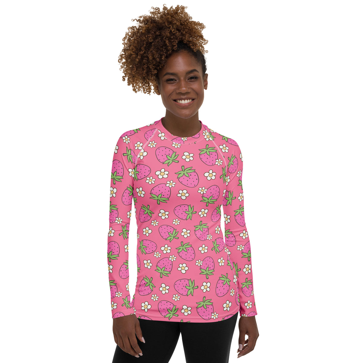 Women's Pink Strawberry Daisy Long Sleeve Rash Guard Swim Shirt – Buttery Soft, Sun Safe UPF 50+ Protection, Quick Dry & 4-Way Stretch Comfort