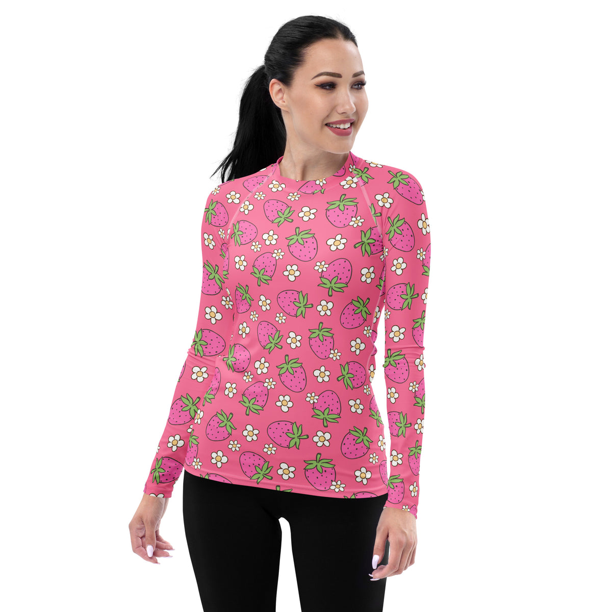 Women's Pink Strawberry Daisy Long Sleeve Rash Guard Swim Shirt – Buttery Soft, Sun Safe UPF 50+ Protection, Quick Dry & 4-Way Stretch Comfort