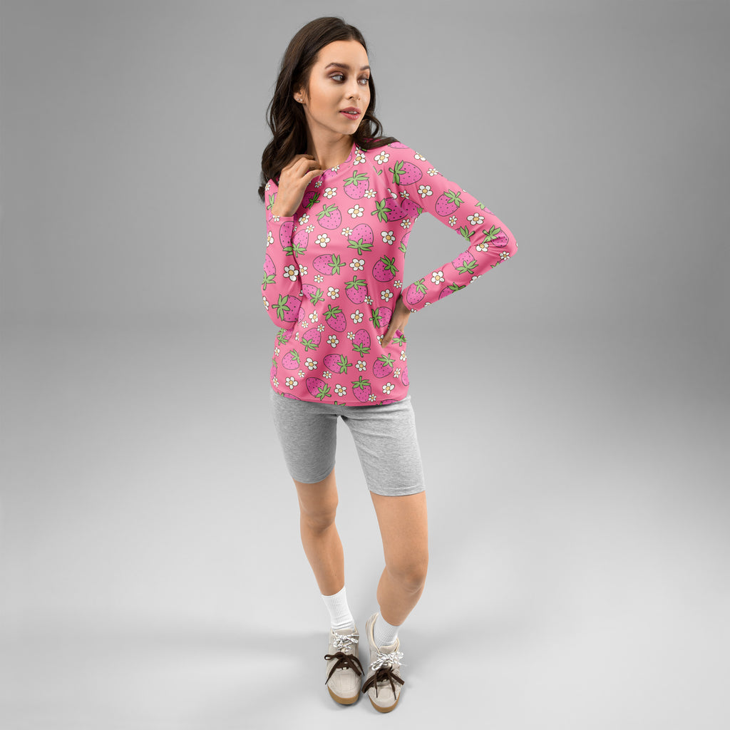 Women's Pink Strawberry Daisy Long Sleeve Rash Guard Swim Shirt – Buttery Soft, Sun Safe UPF 50+ Protection, Quick Dry & 4-Way Stretch Comfort