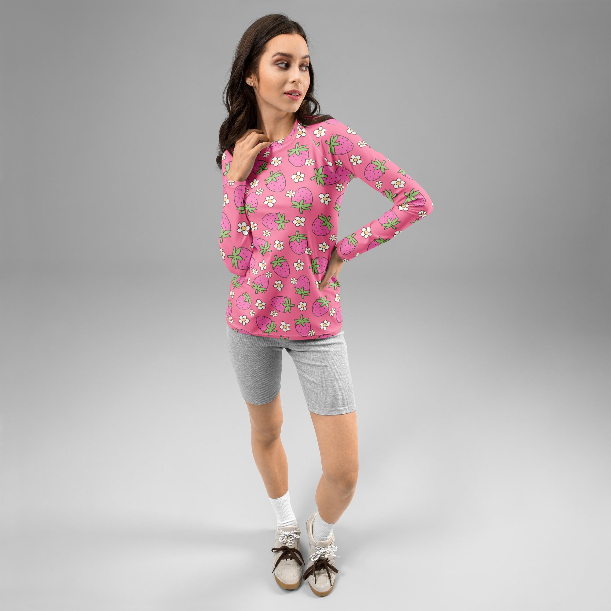 Women's Pink Strawberry Daisy Long Sleeve Rash Guard Swim Shirt – Buttery Soft, Sun Safe UPF 50+ Protection, Quick Dry & 4-Way Stretch Comfort