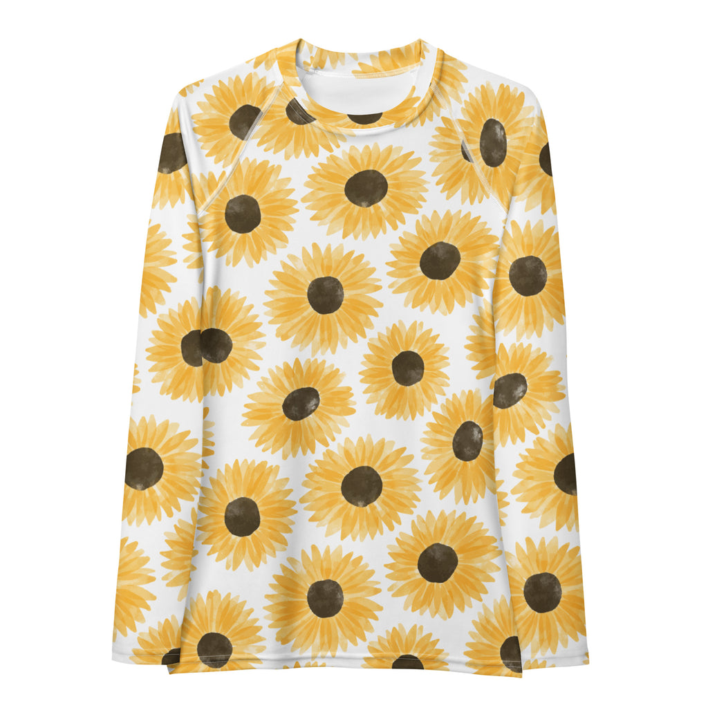 Women's Yellow Watercolor Sunflower Long Sleeve Rash Guard Swim Shirt – Buttery Soft, Sun Safe UPF 50+ Protection, Quick Dry & 4-Way Stretch Comfort