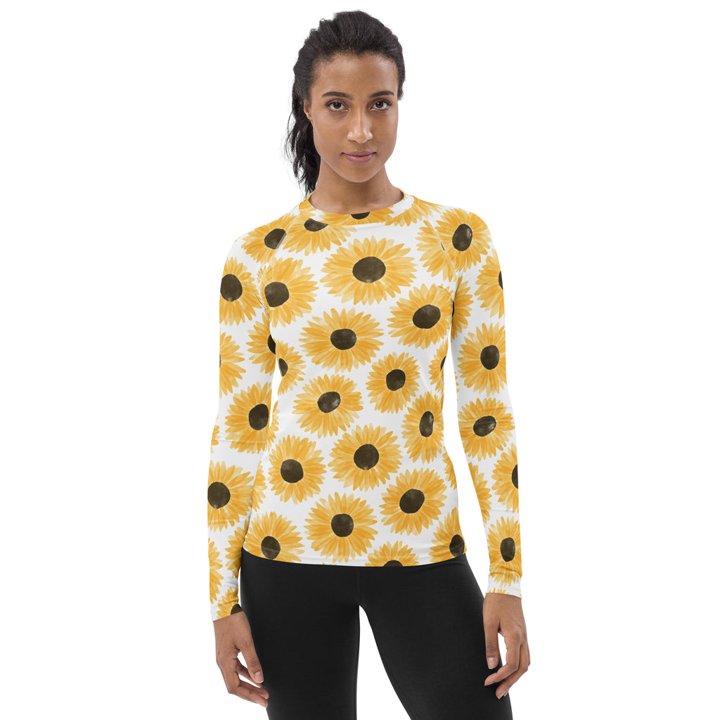Women's Yellow Watercolor Sunflower Long Sleeve Rash Guard Swim Shirt – Buttery Soft, Sun Safe UPF 50+ Protection, Quick Dry & 4-Way Stretch Comfort