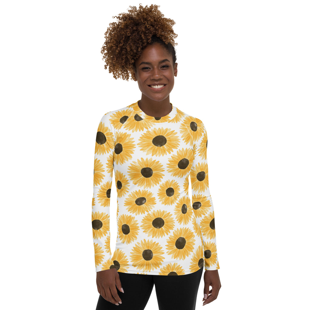 Women's Yellow Watercolor Sunflower Long Sleeve Rash Guard Swim Shirt – Buttery Soft, Sun Safe UPF 50+ Protection, Quick Dry & 4-Way Stretch Comfort