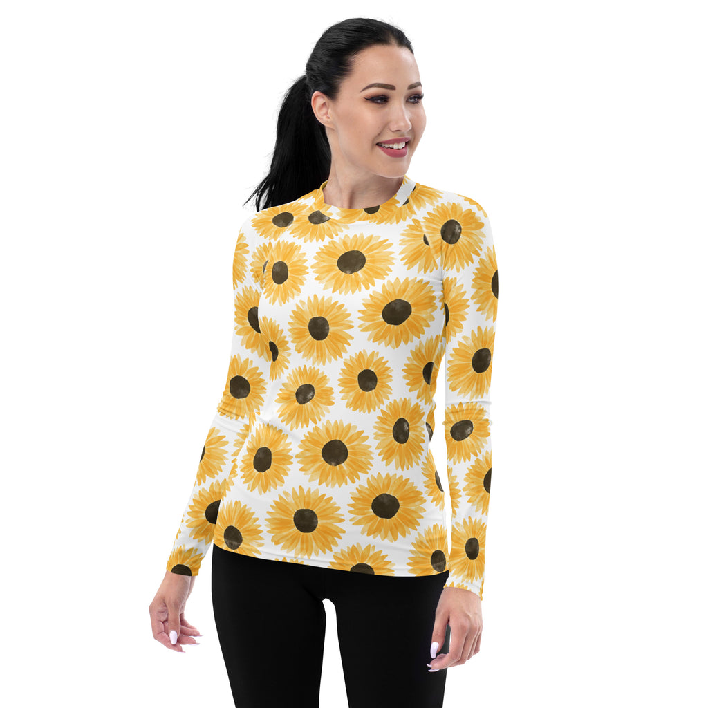 Women's Yellow Watercolor Sunflower Long Sleeve Rash Guard Swim Shirt – Buttery Soft, Sun Safe UPF 50+ Protection, Quick Dry & 4-Way Stretch Comfort