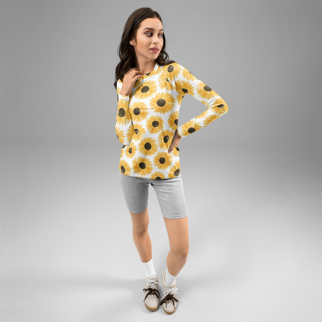 Women's Yellow Watercolor Sunflower Long Sleeve Rash Guard Swim Shirt – Buttery Soft, Sun Safe UPF 50+ Protection, Quick Dry & 4-Way Stretch Comfort