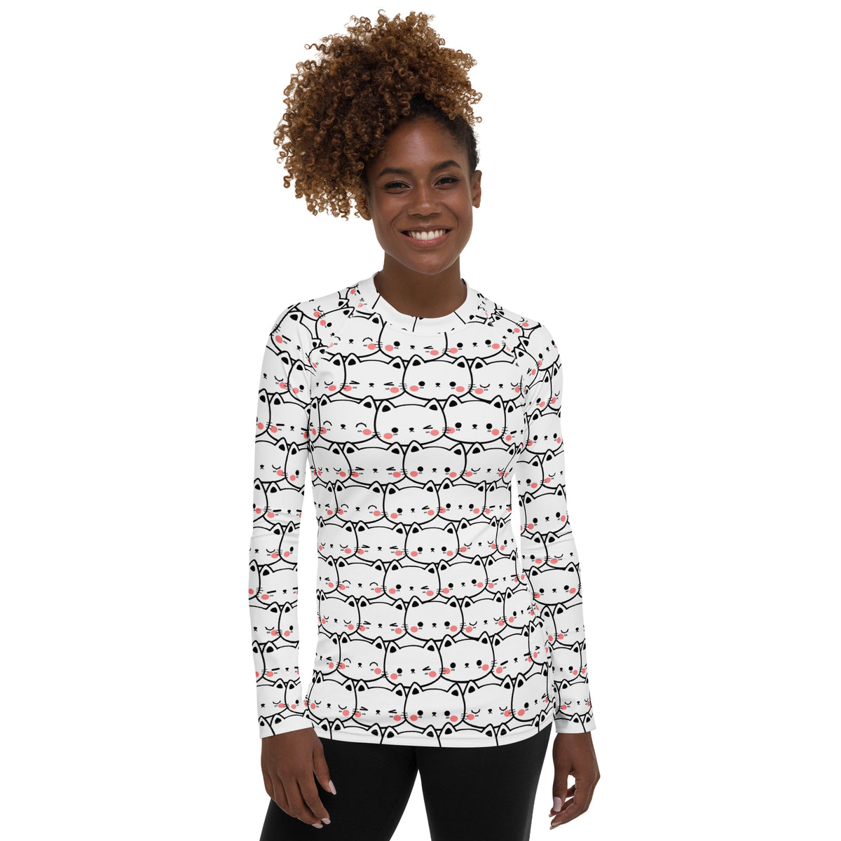 Women's Kawaii Cat Face Long Sleeve Rash Guard Swim Shirt – Buttery Soft, Sun Safe UPF 50+ Protection, Quick Dry & 4-Way Stretch Comfort