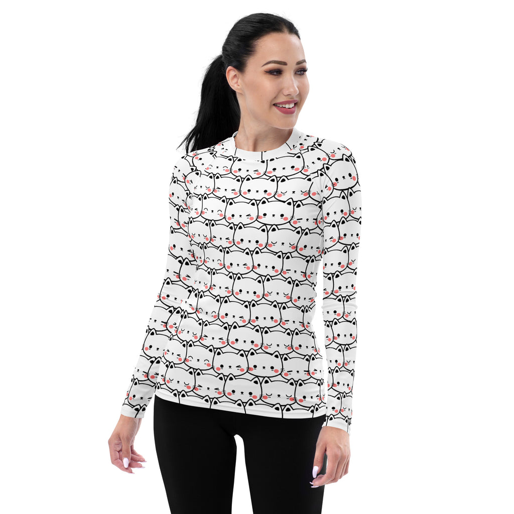 Women's Kawaii Cat Face Long Sleeve Rash Guard Swim Shirt – Buttery Soft, Sun Safe UPF 50+ Protection, Quick Dry & 4-Way Stretch Comfort