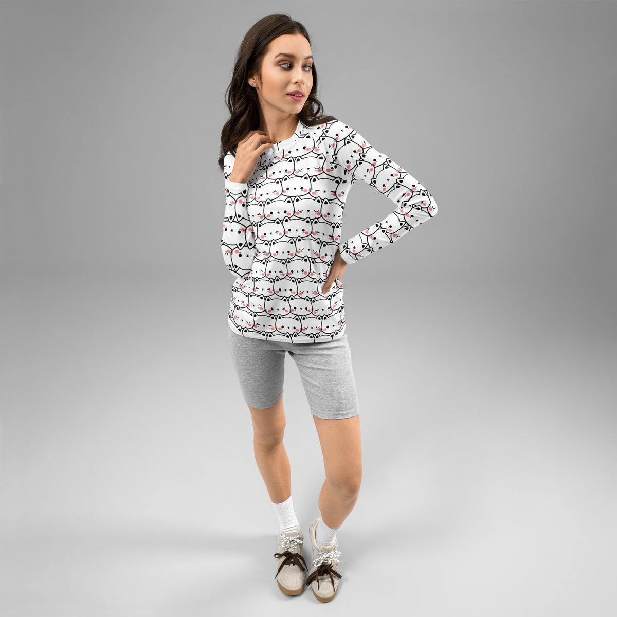 Women's Kawaii Cat Face Long Sleeve Rash Guard Swim Shirt – Buttery Soft, Sun Safe UPF 50+ Protection, Quick Dry & 4-Way Stretch Comfort