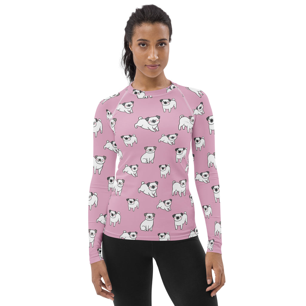 Women's Pink Pug Long Sleeve Rash Guard Swim Shirt – Buttery Soft, Sun Safe UPF 50+ Protection, Quick Dry & 4-Way Stretch Comfort