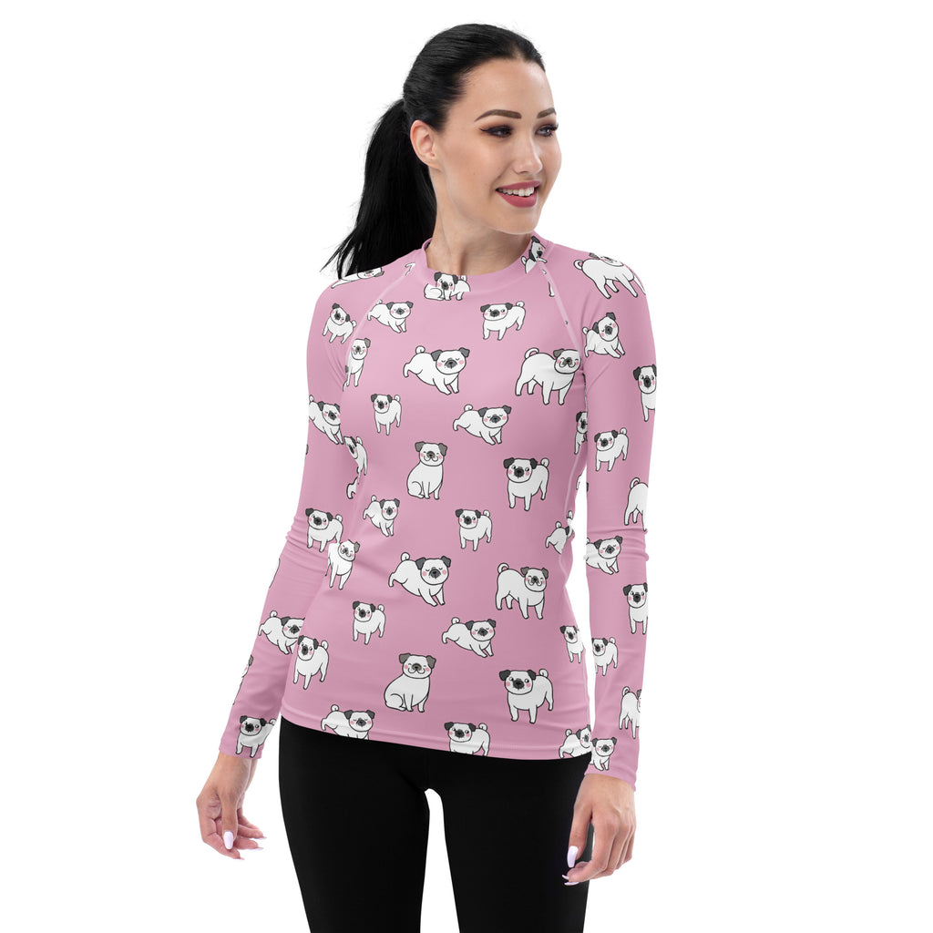 Women's Pink Pug Long Sleeve Rash Guard Swim Shirt – Buttery Soft, Sun Safe UPF 50+ Protection, Quick Dry & 4-Way Stretch Comfort