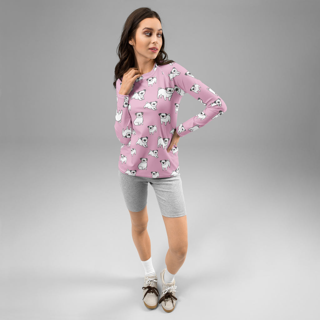 Women's Pink Pug Long Sleeve Rash Guard Swim Shirt – Buttery Soft, Sun Safe UPF 50+ Protection, Quick Dry & 4-Way Stretch Comfort