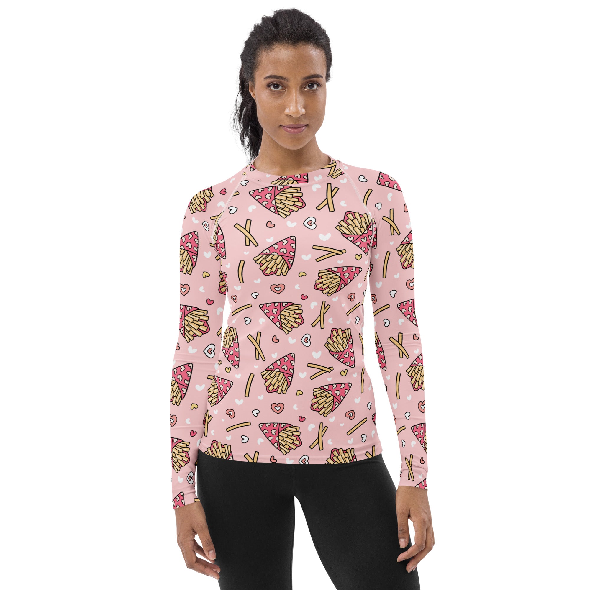Women's Pink French Fries Long Sleeve Rash Guard Swim Shirt – Buttery Soft, Sun Safe UPF 50+ Protection, Quick Dry & 4-Way Stretch Comfort