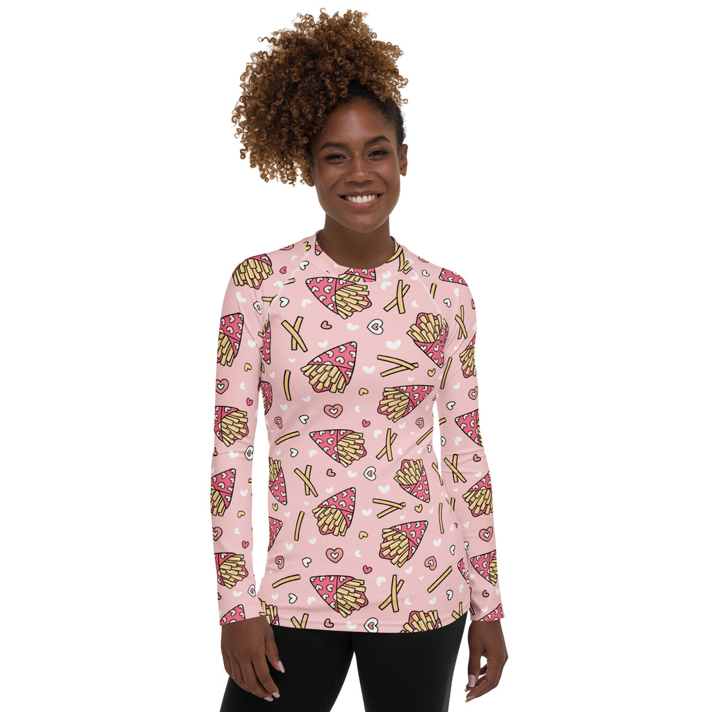 Women's Pink French Fries Long Sleeve Rash Guard Swim Shirt – Buttery Soft, Sun Safe UPF 50+ Protection, Quick Dry & 4-Way Stretch Comfort