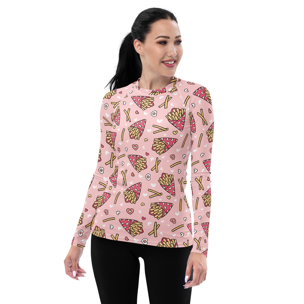 Women's Pink French Fries Long Sleeve Rash Guard Swim Shirt – Buttery Soft, Sun Safe UPF 50+ Protection, Quick Dry & 4-Way Stretch Comfort