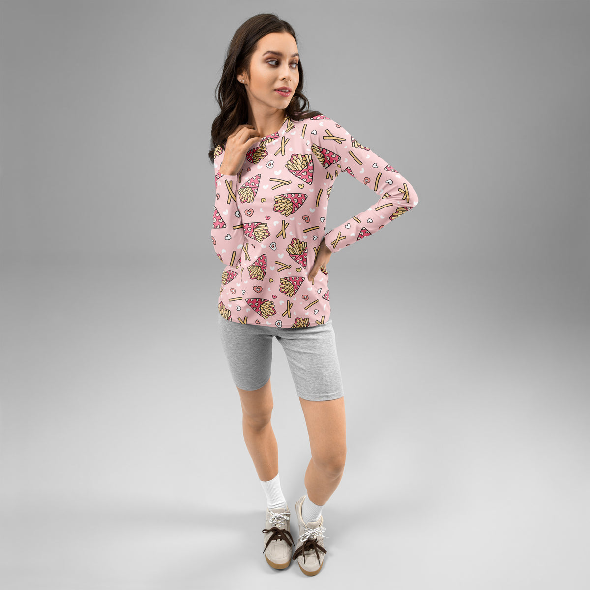 Women's Pink French Fries Long Sleeve Rash Guard Swim Shirt – Buttery Soft, Sun Safe UPF 50+ Protection, Quick Dry & 4-Way Stretch Comfort
