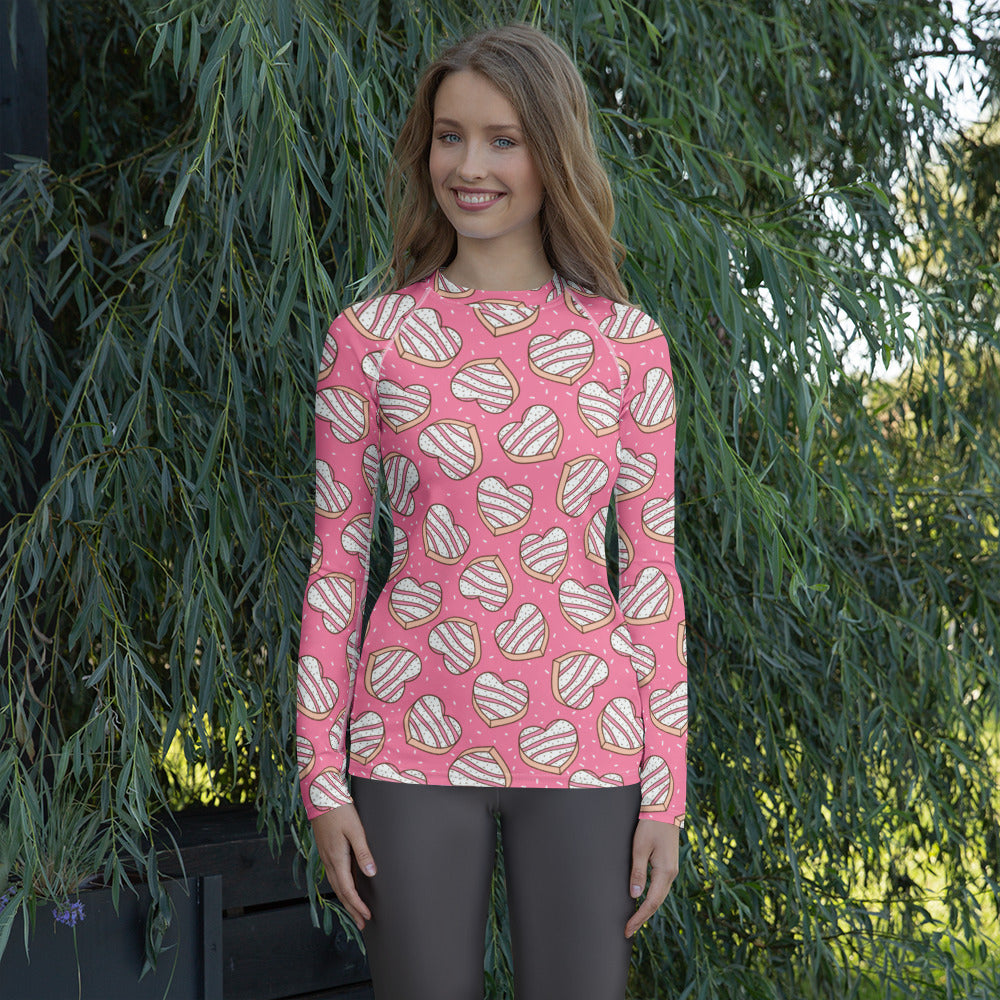 Women's Pink Heart Cookies Long Sleeve Rash Guard Swim Shirt – Buttery Soft, Sun Safe UPF 50+ Protection, Quick Dry & 4-Way Stretch Comfort
