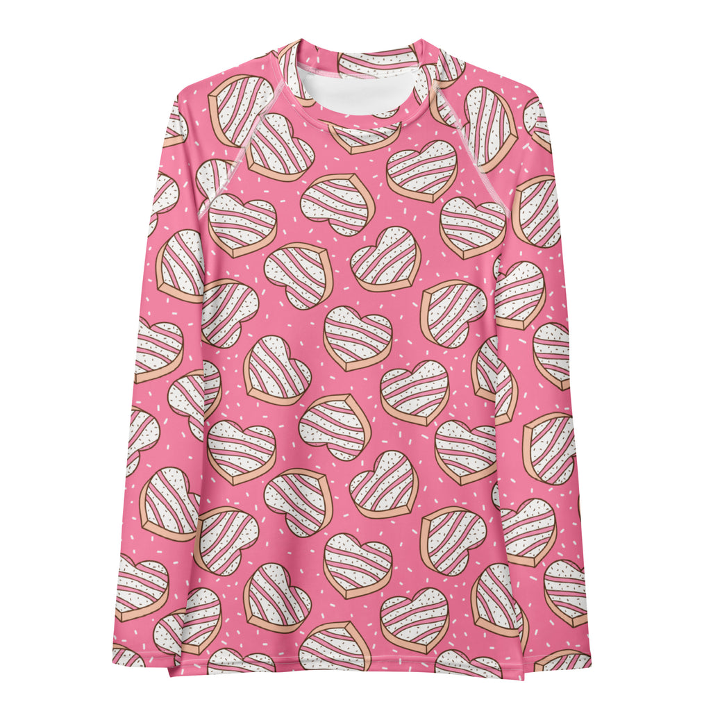 Women's Pink Heart Cookies Long Sleeve Rash Guard Swim Shirt – Buttery Soft, Sun Safe UPF 50+ Protection, Quick Dry & 4-Way Stretch Comfort