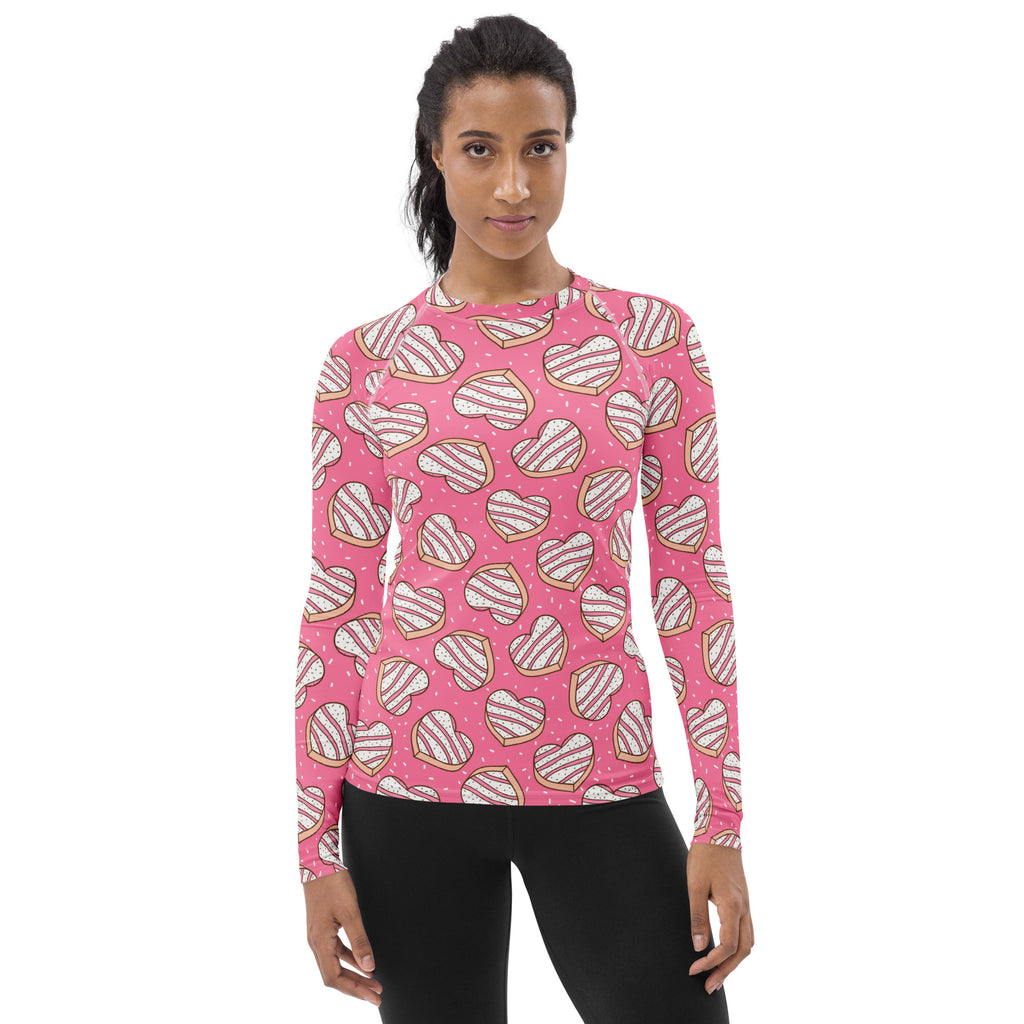Women's Pink Heart Cookies Long Sleeve Rash Guard Swim Shirt – Buttery Soft, Sun Safe UPF 50+ Protection, Quick Dry & 4-Way Stretch Comfort