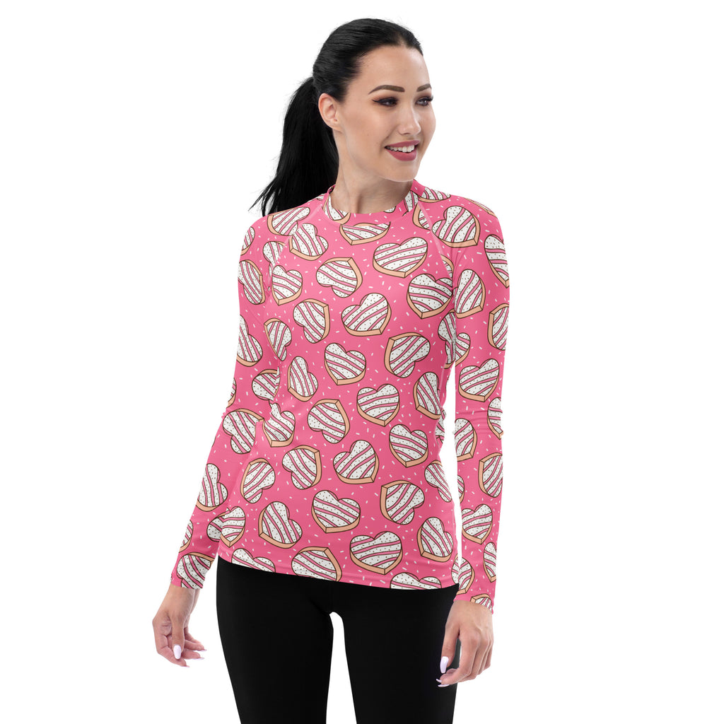 Women's Pink Heart Cookies Long Sleeve Rash Guard Swim Shirt – Buttery Soft, Sun Safe UPF 50+ Protection, Quick Dry & 4-Way Stretch Comfort