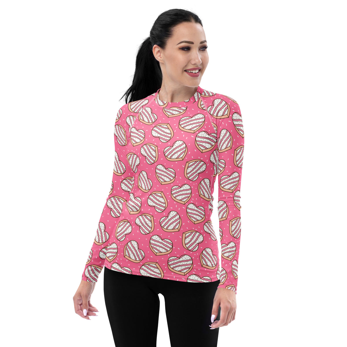 Women's Pink Heart Cookies Long Sleeve Rash Guard Swim Shirt – Buttery Soft, Sun Safe UPF 50+ Protection, Quick Dry & 4-Way Stretch Comfort