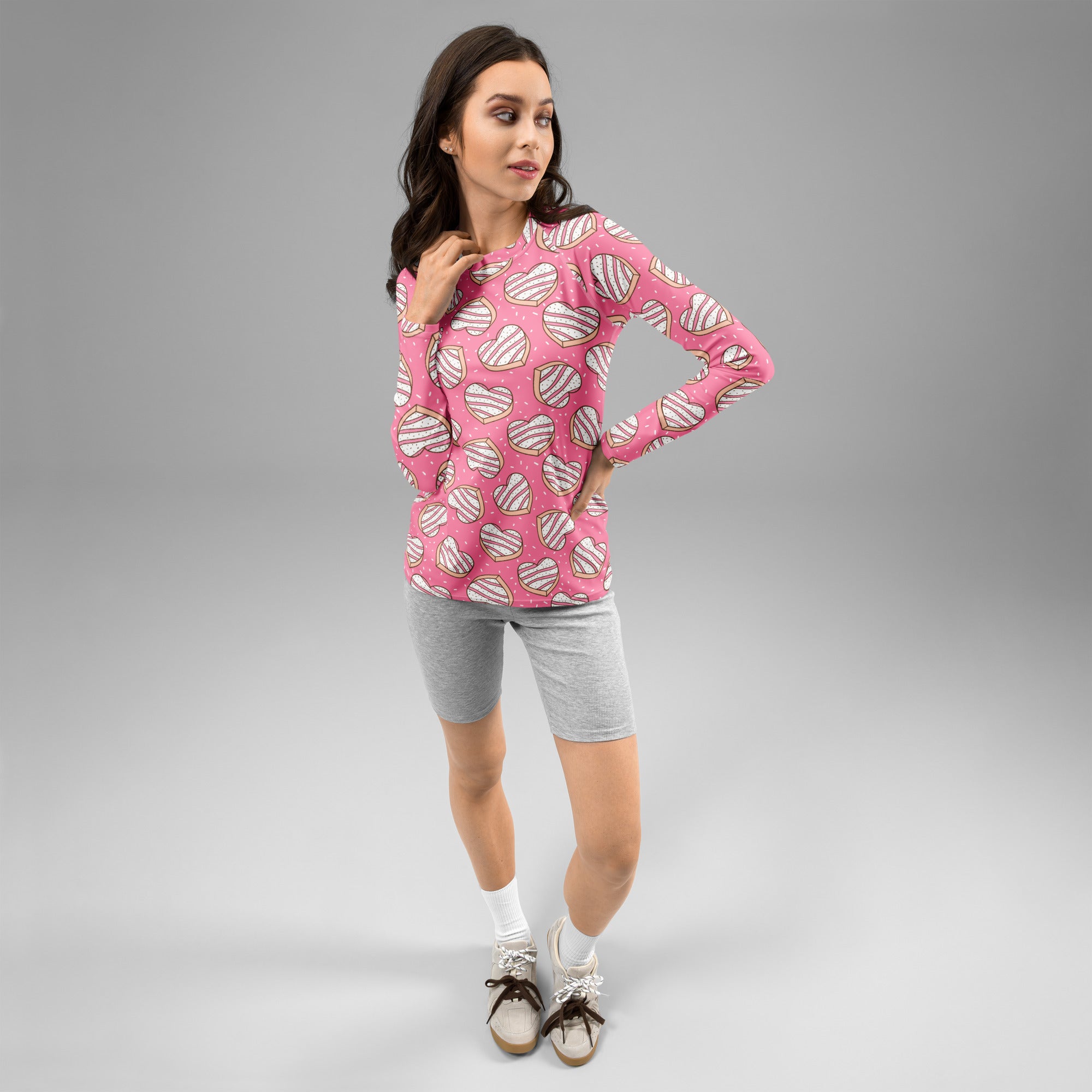Women's Pink Heart Cookies Long Sleeve Rash Guard Swim Shirt – Buttery Soft, Sun Safe UPF 50+ Protection, Quick Dry & 4-Way Stretch Comfort
