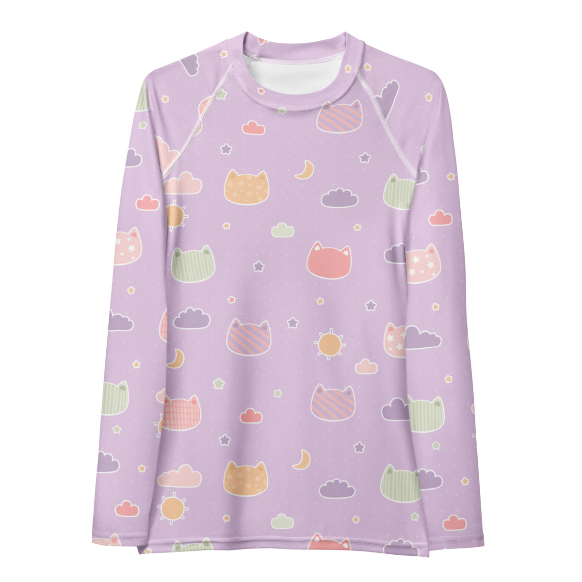 Women's Pastel Purple Kawaii Cat & Cloud Long Sleeve Rash Guard Swim Shirt – Buttery Soft, Sun Safe UPF 50+ Protection, Quick Dry & 4-Way Stretch Comfort