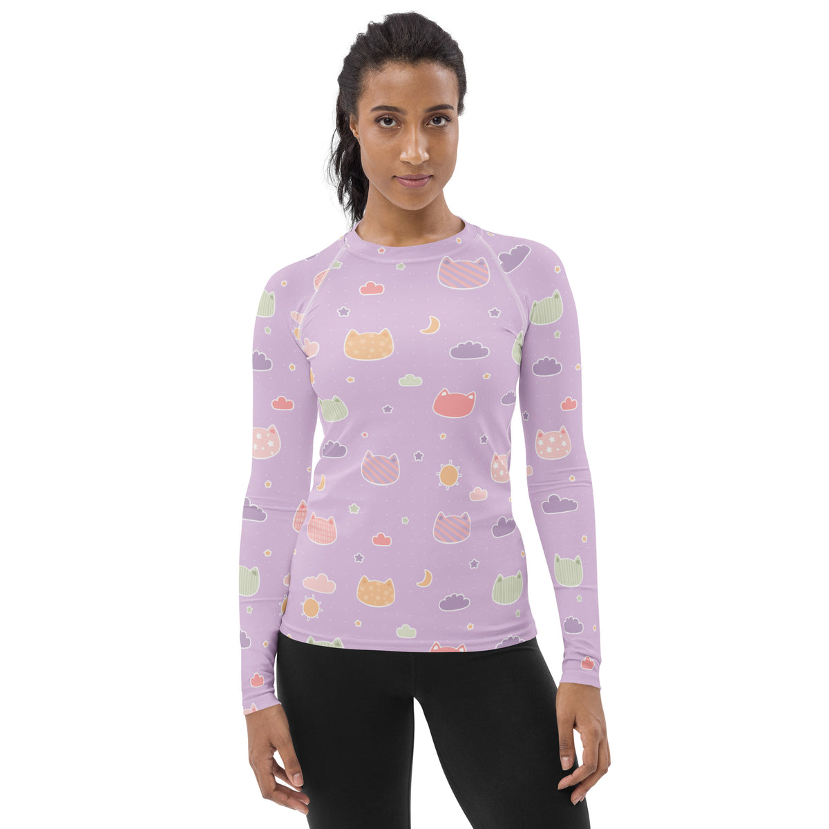 Women's Pastel Purple Kawaii Cat & Cloud Long Sleeve Rash Guard Swim Shirt – Buttery Soft, Sun Safe UPF 50+ Protection, Quick Dry & 4-Way Stretch Comfort