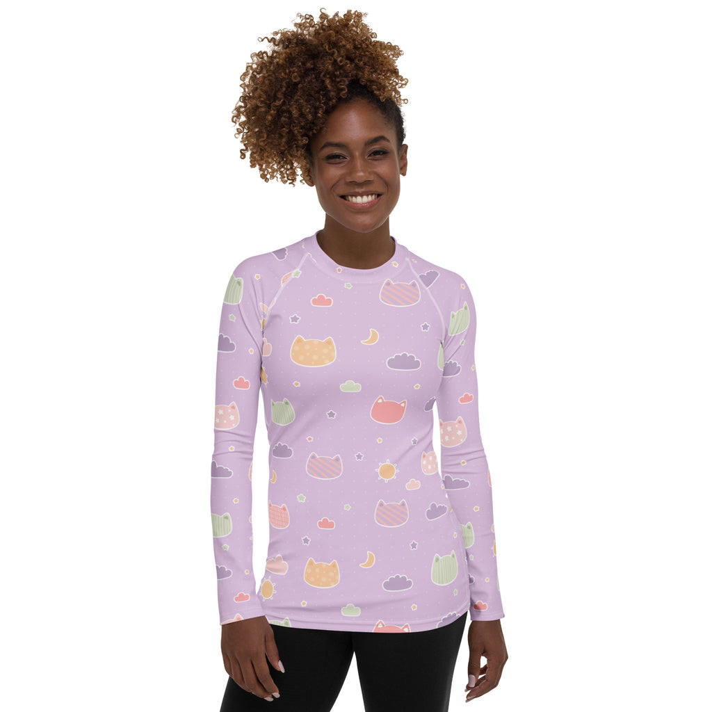 Women's Pastel Purple Kawaii Cat & Cloud Long Sleeve Rash Guard Swim Shirt – Buttery Soft, Sun Safe UPF 50+ Protection, Quick Dry & 4-Way Stretch Comfort