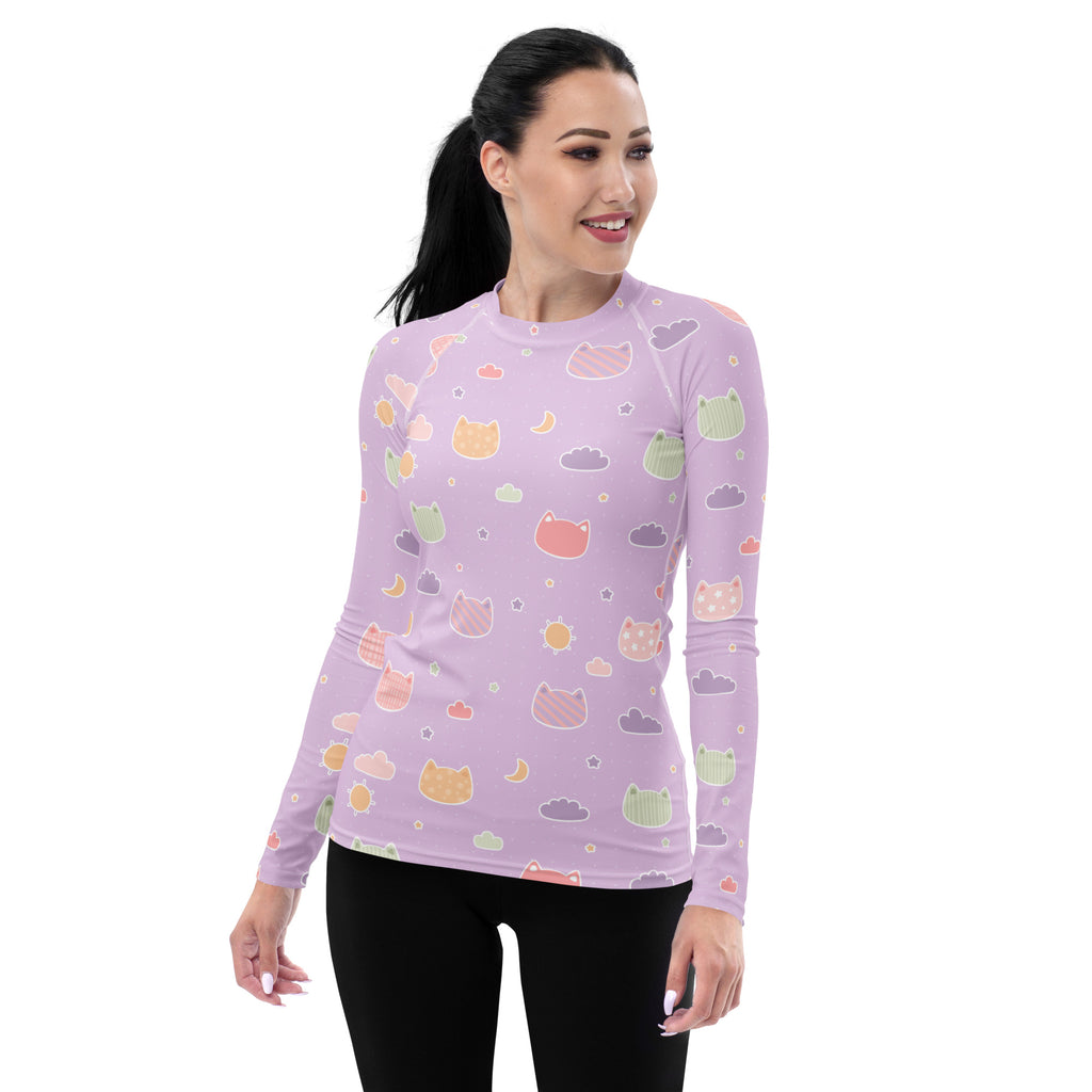 Women's Pastel Purple Kawaii Cat & Cloud Long Sleeve Rash Guard Swim Shirt – Buttery Soft, Sun Safe UPF 50+ Protection, Quick Dry & 4-Way Stretch Comfort