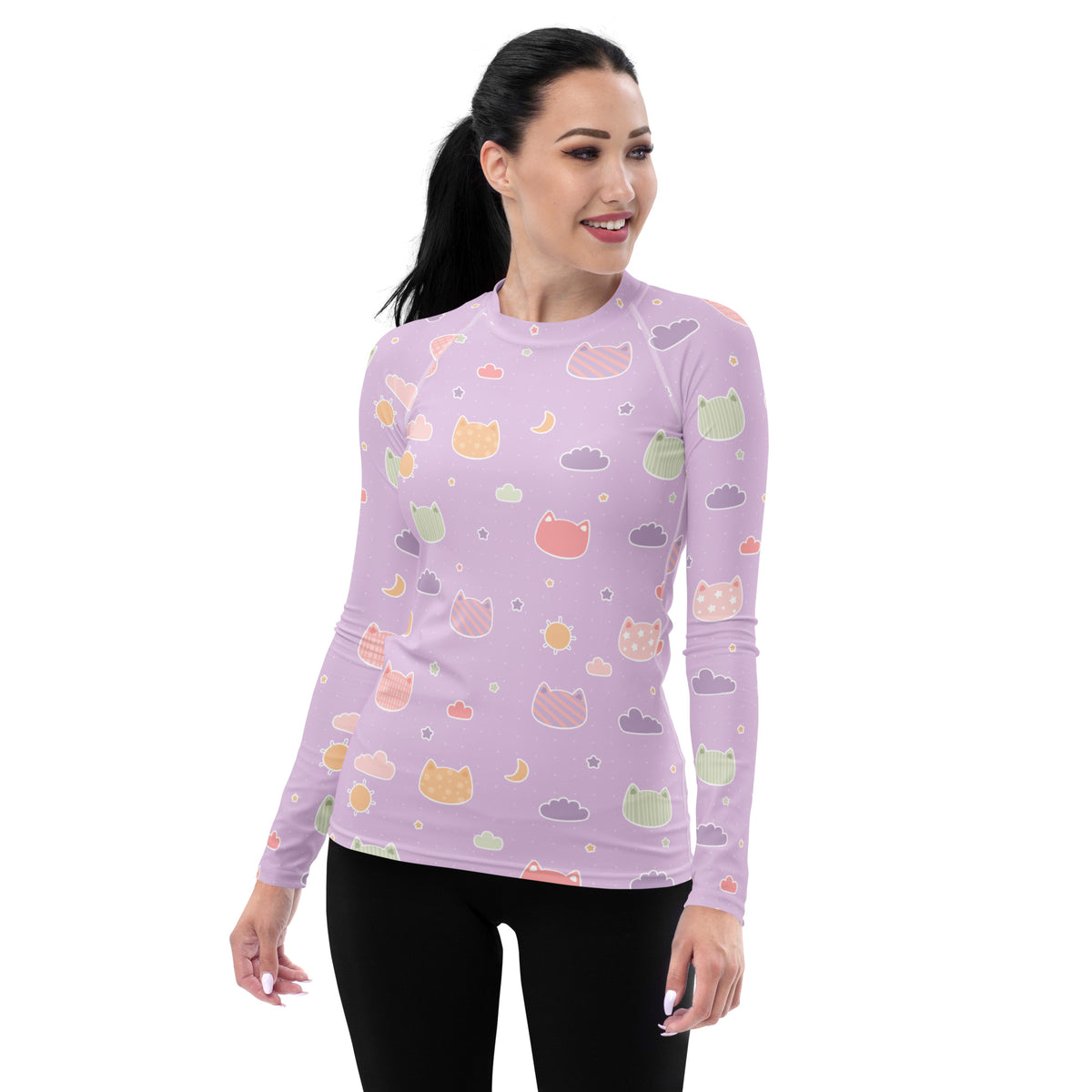 Women's Pastel Purple Kawaii Cat & Cloud Long Sleeve Rash Guard Swim Shirt – Buttery Soft, Sun Safe UPF 50+ Protection, Quick Dry & 4-Way Stretch Comfort