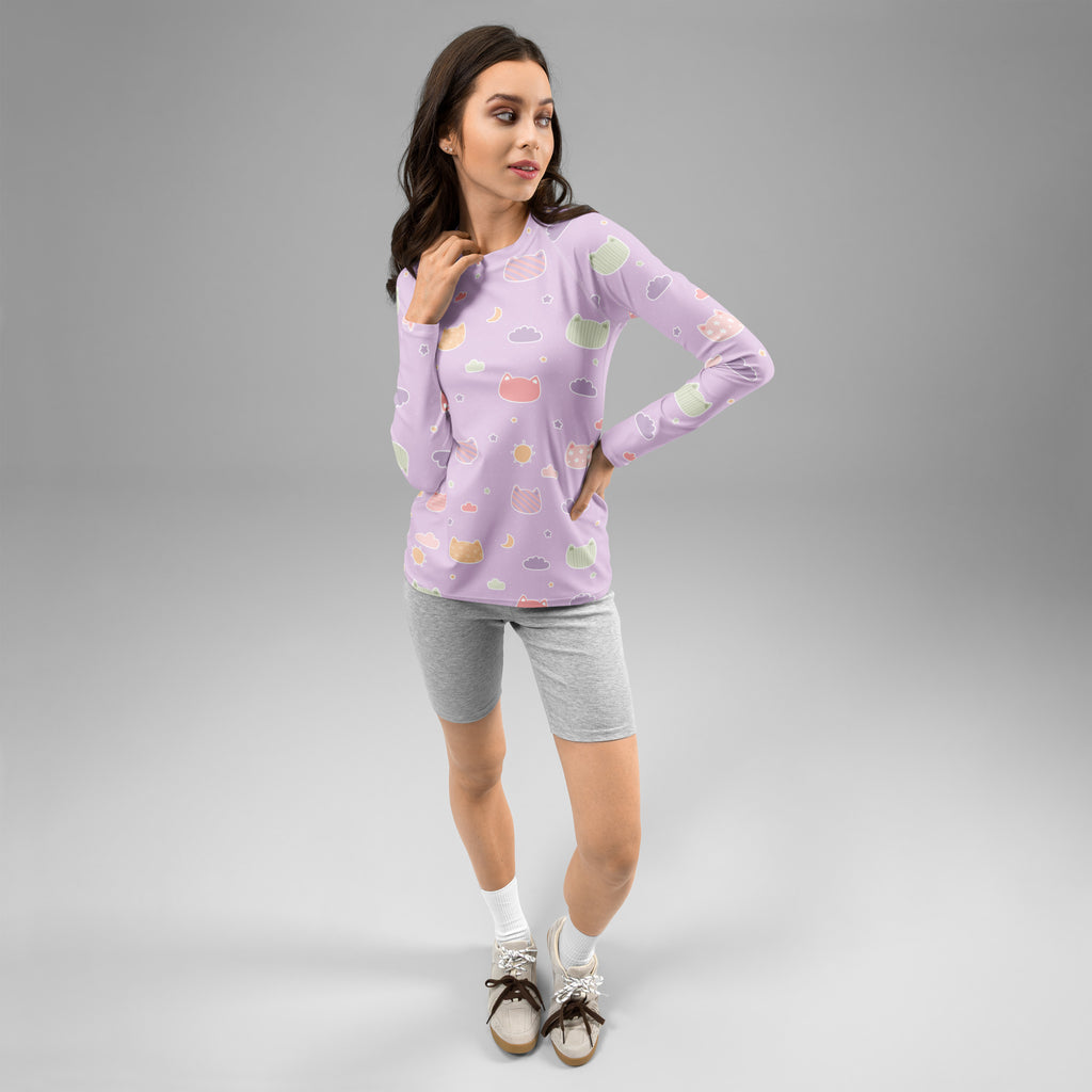 Women's Pastel Purple Kawaii Cat & Cloud Long Sleeve Rash Guard Swim Shirt – Buttery Soft, Sun Safe UPF 50+ Protection, Quick Dry & 4-Way Stretch Comfort