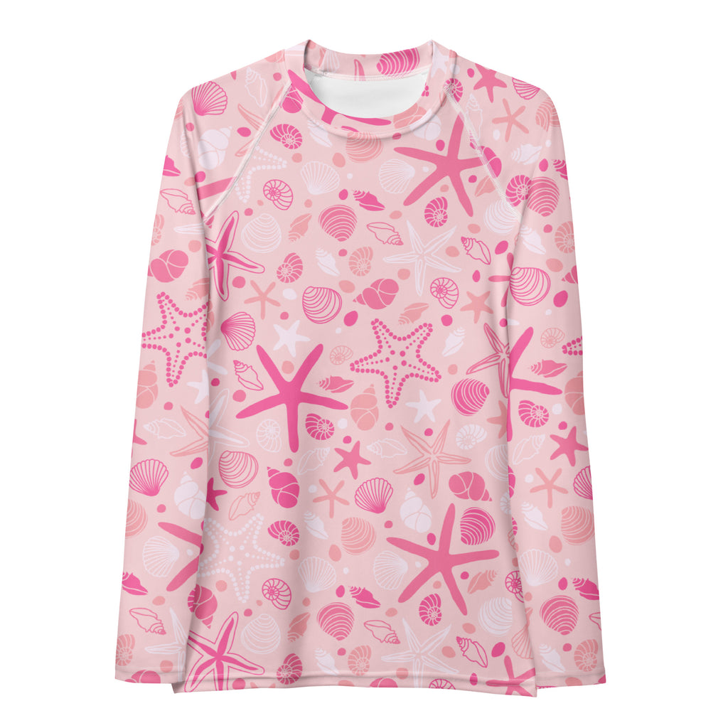 Women's Pink Starfish & Shells Long Sleeve Rash Guard Swim Shirt – Buttery Soft, Sun Safe UPF 50+ Protection, Quick Dry & 4-Way Stretch Comfort