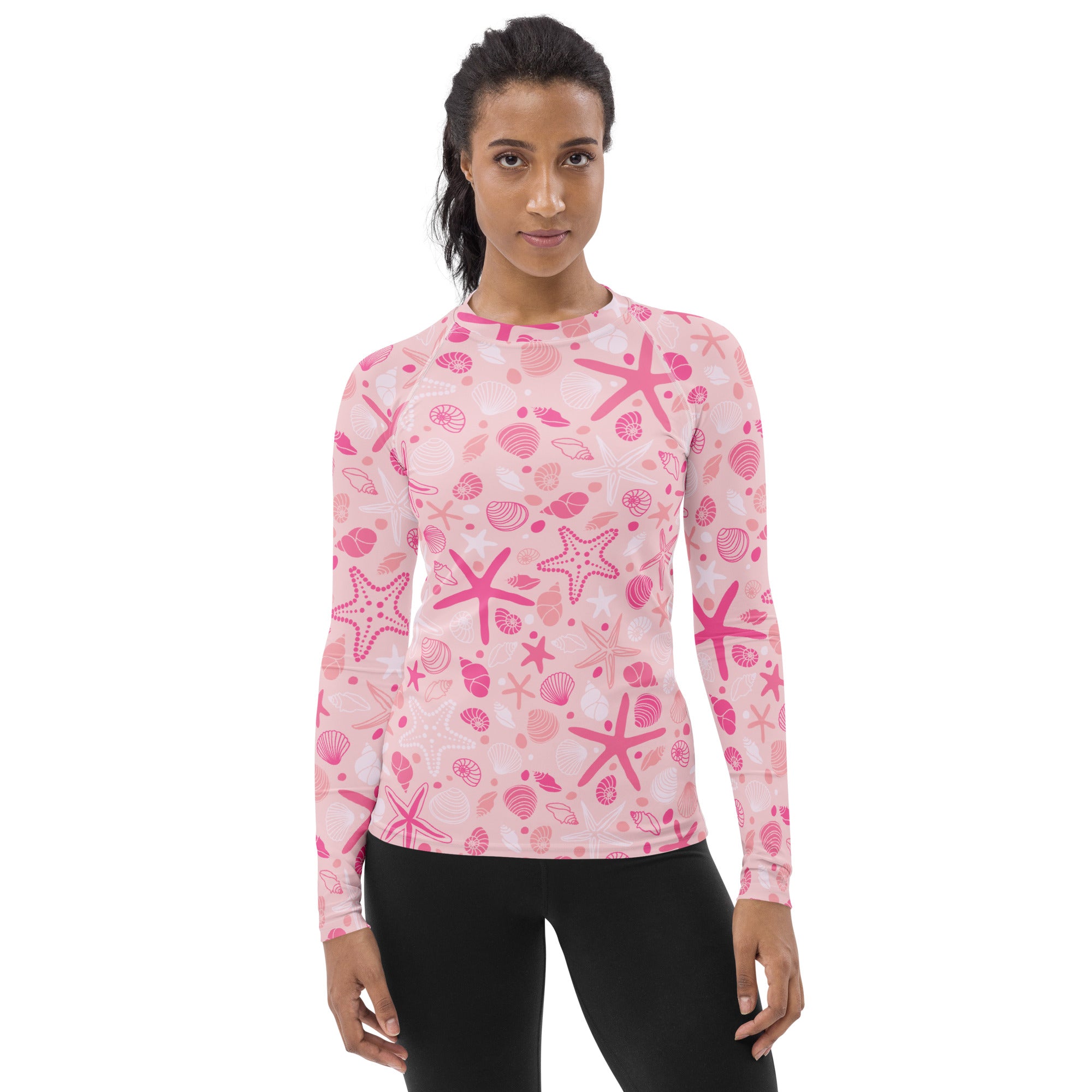 Women's Pink Starfish & Shells Long Sleeve Rash Guard Swim Shirt – Buttery Soft, Sun Safe UPF 50+ Protection, Quick Dry & 4-Way Stretch Comfort