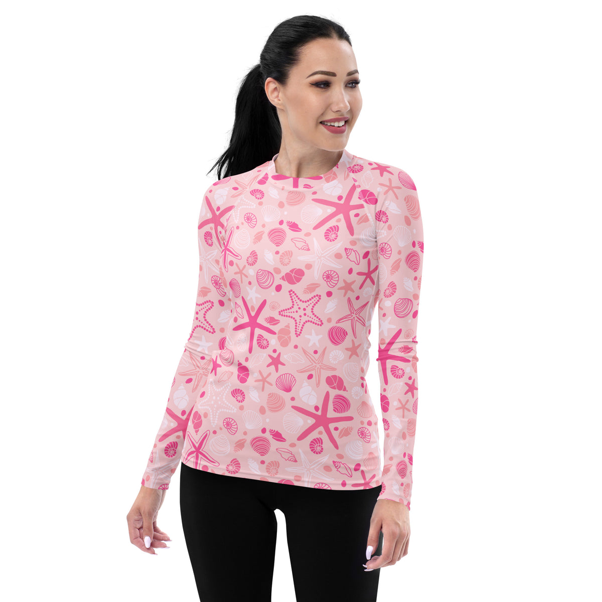 Women's Pink Starfish & Shells Long Sleeve Rash Guard Swim Shirt – Buttery Soft, Sun Safe UPF 50+ Protection, Quick Dry & 4-Way Stretch Comfort
