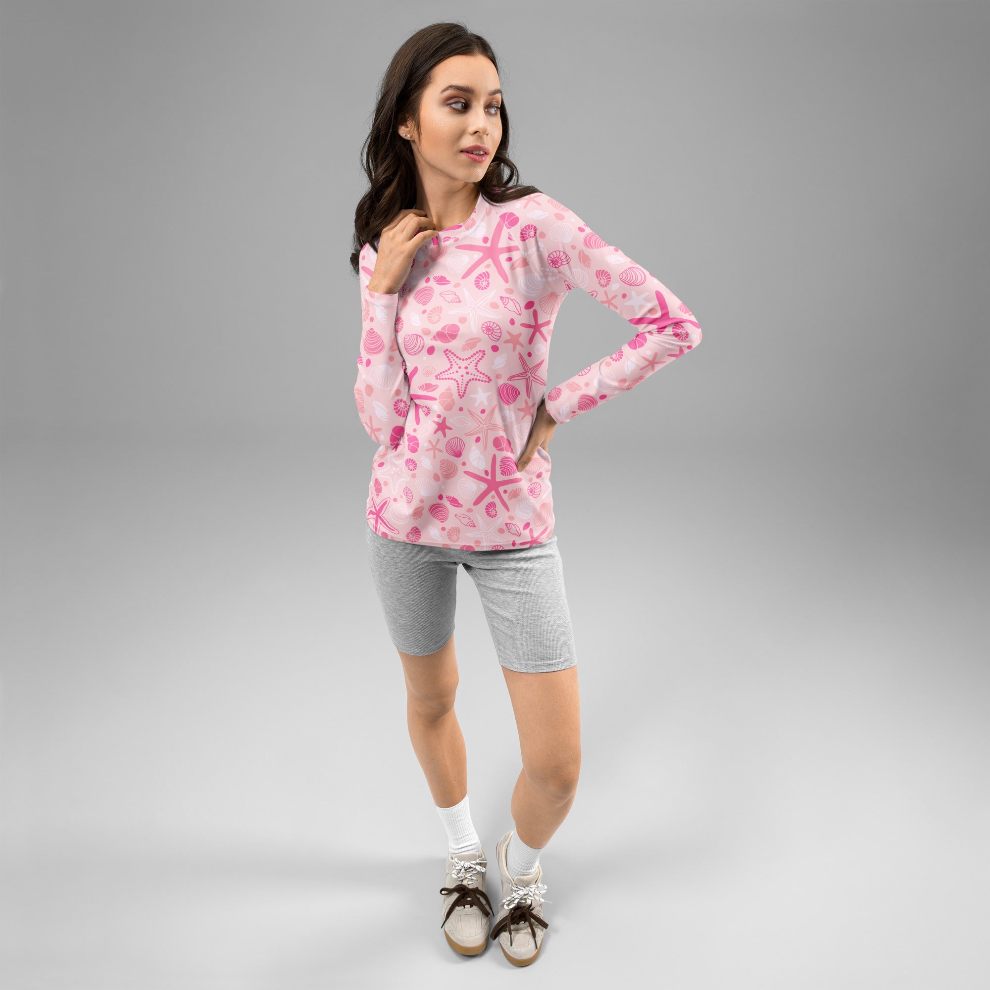 Women's Pink Starfish & Shells Long Sleeve Rash Guard Swim Shirt – Buttery Soft, Sun Safe UPF 50+ Protection, Quick Dry & 4-Way Stretch Comfort