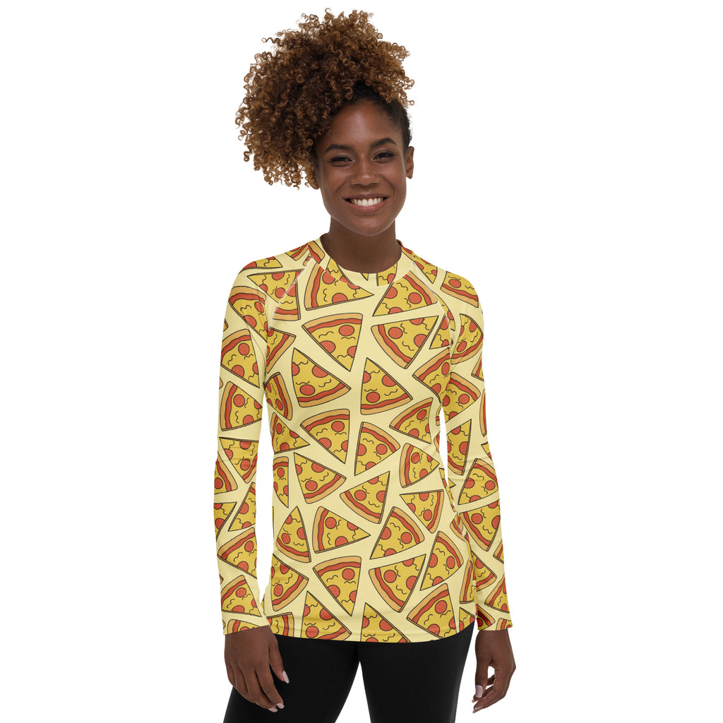 Women's Pepperoni Pizza Long Sleeve Rash Guard Swim Shirt – Buttery Soft, Sun Safe UPF 50+ Protection, Quick Dry & 4-Way Stretch Comfort