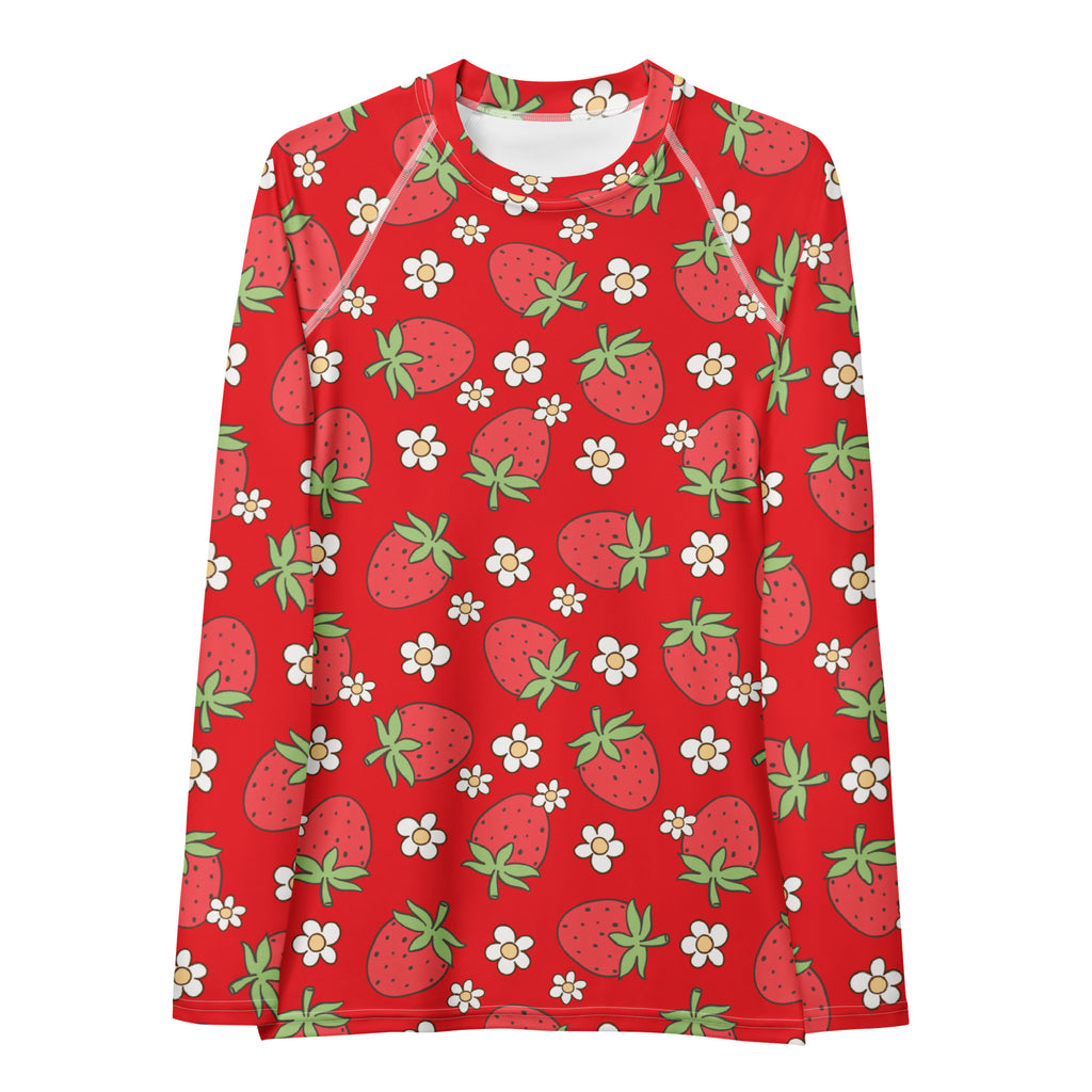 Women's Red Strawberry Long Sleeve Rash Guard Swim Shirt – Buttery Soft, Sun Safe UPF 50+ Protection, Quick Dry & 4-Way Stretch Comfort