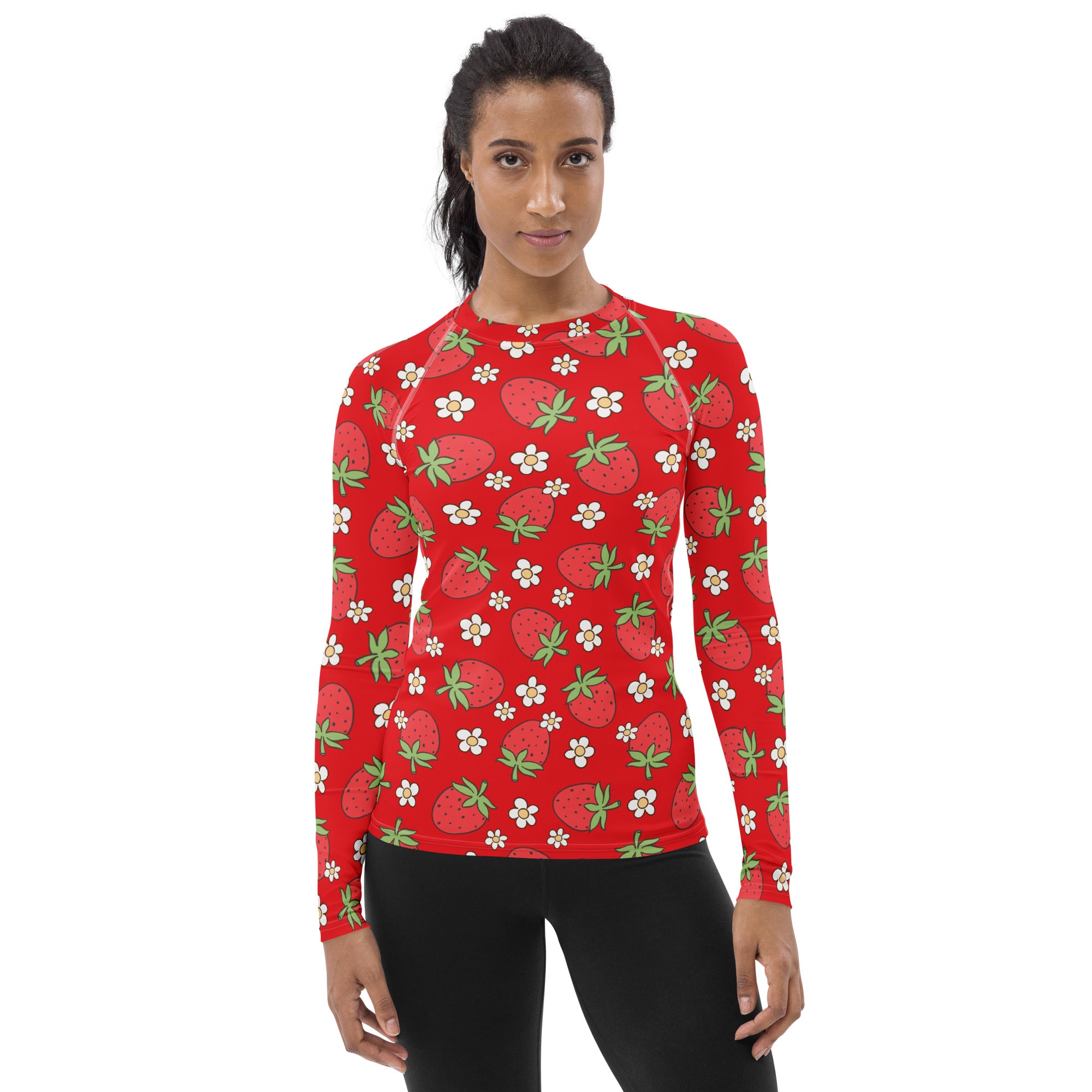 Women's Red Strawberry Long Sleeve Rash Guard Swim Shirt – Buttery Soft, Sun Safe UPF 50+ Protection, Quick Dry & 4-Way Stretch Comfort