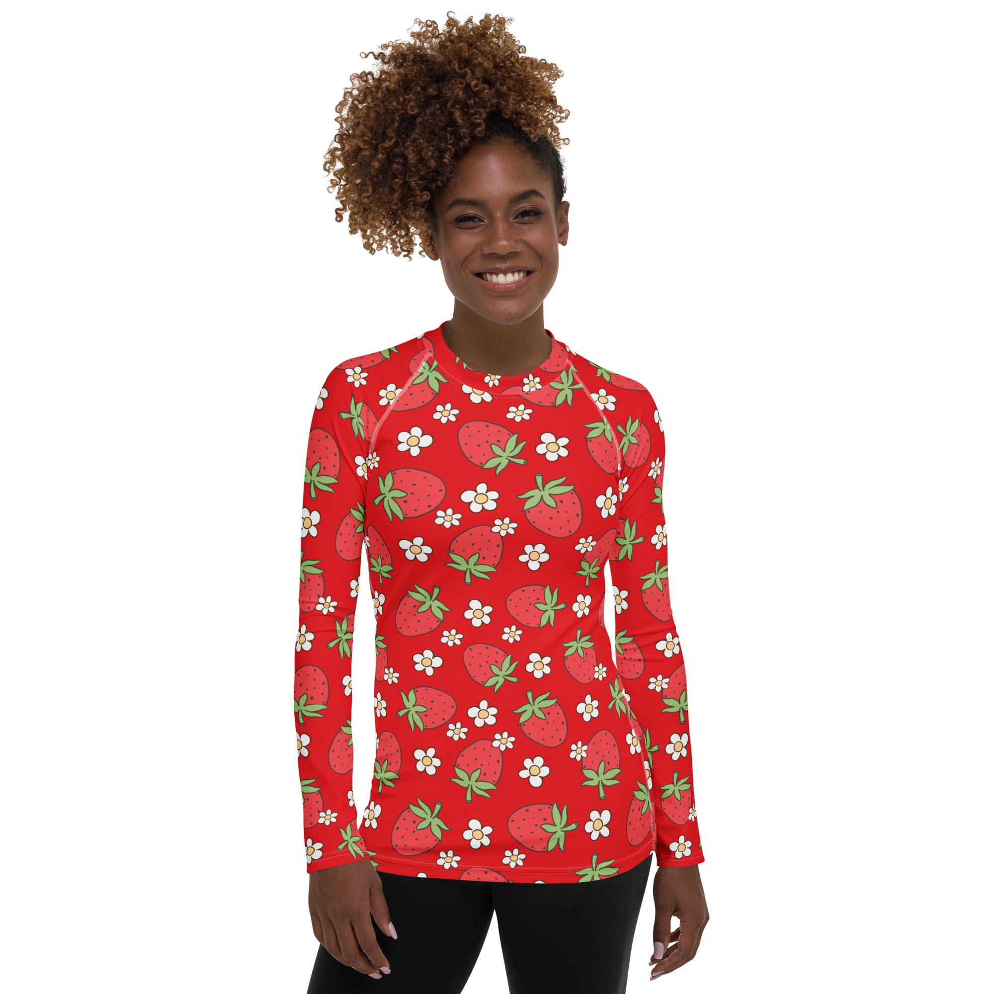 Women's Red Strawberry Long Sleeve Rash Guard Swim Shirt – Buttery Soft, Sun Safe UPF 50+ Protection, Quick Dry & 4-Way Stretch Comfort