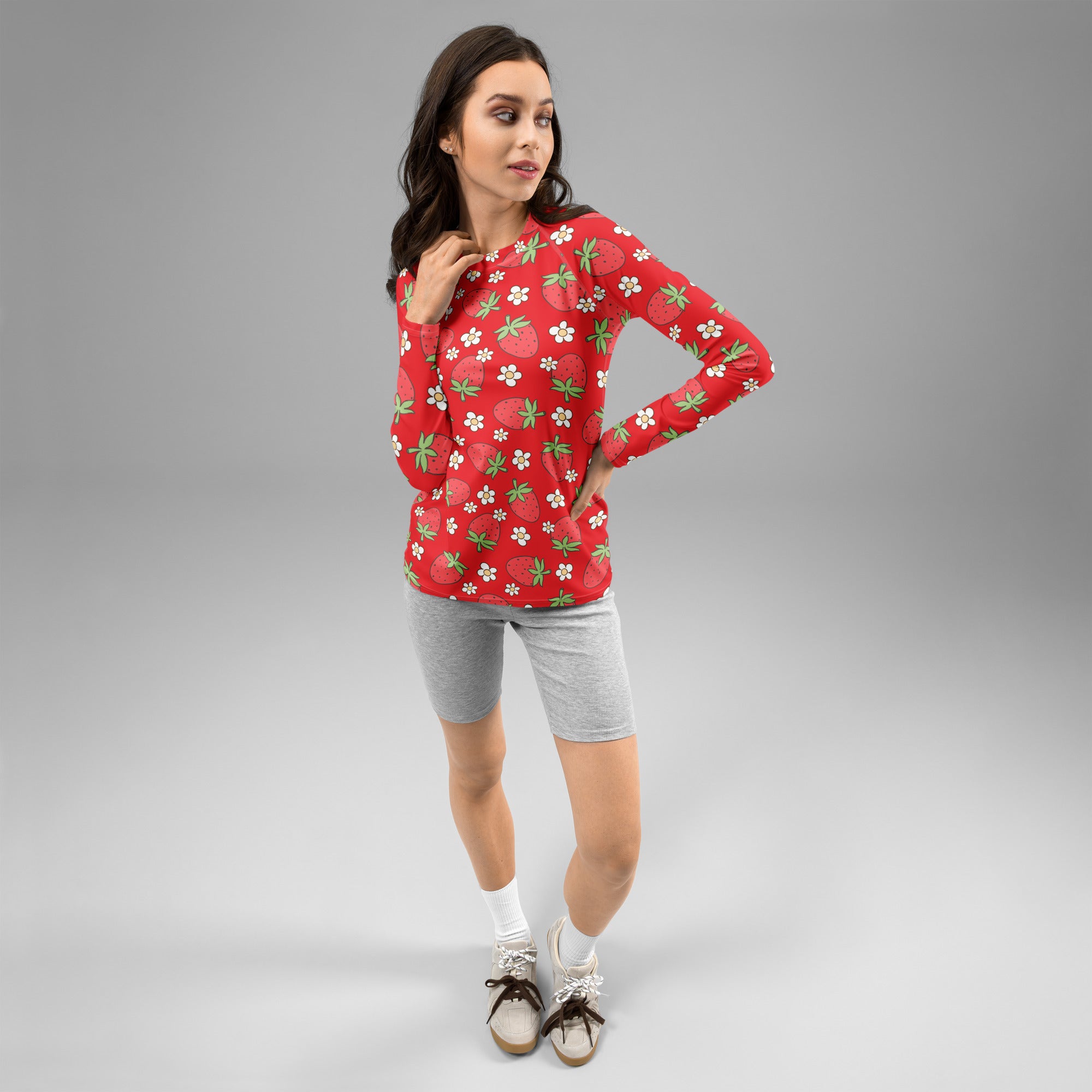 Women's Red Strawberry Long Sleeve Rash Guard Swim Shirt – Buttery Soft, Sun Safe UPF 50+ Protection, Quick Dry & 4-Way Stretch Comfort