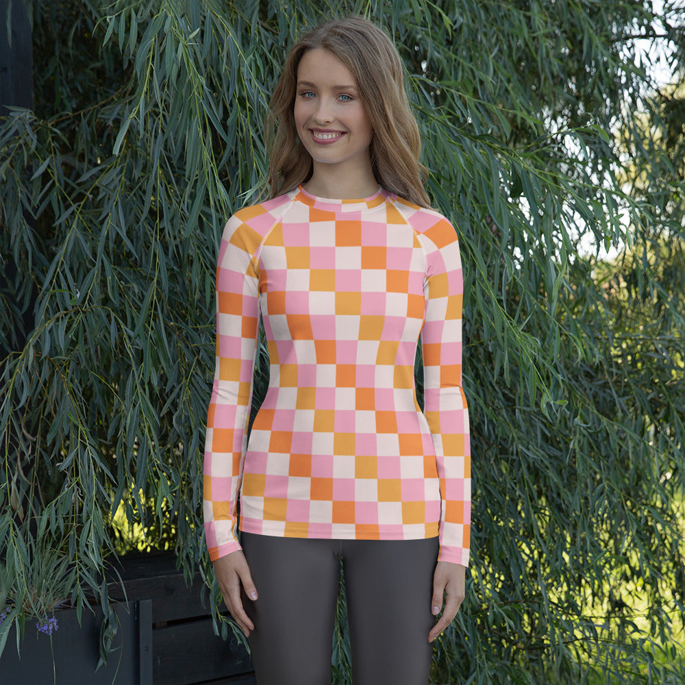 Women's Sunset Checkerboard Long Sleeve Rash Guard Swim Shirt – Buttery Soft, Sun Safe UPF 50+ Protection, Quick Dry & 4-Way Stretch Comfort