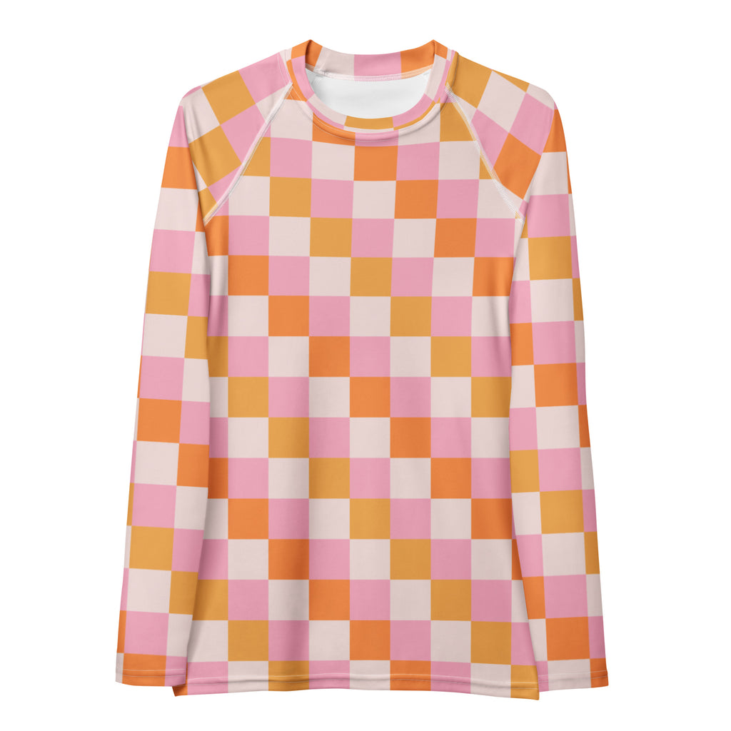 Women's Sunset Checkerboard Long Sleeve Rash Guard Swim Shirt – Buttery Soft, Sun Safe UPF 50+ Protection, Quick Dry & 4-Way Stretch Comfort