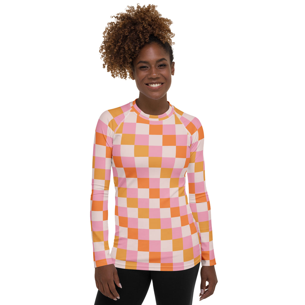 Women's Sunset Checkerboard Long Sleeve Rash Guard Swim Shirt – Buttery Soft, Sun Safe UPF 50+ Protection, Quick Dry & 4-Way Stretch Comfort